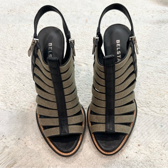 Belstaff Heels Black Leather/Green Canvas Peep Toe Caged Gladiator Sling Backs 8 - Picture 3 of 9